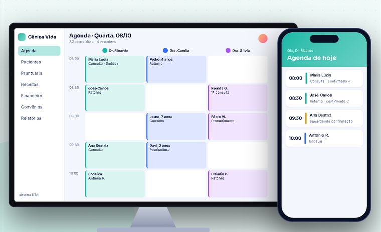 Exemplo de sistema para clínicas: agenda de consultas no computador e no celular